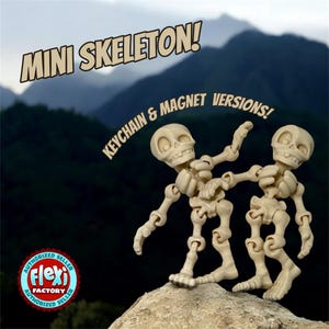 May include: Two beige mini skeleton figures with articulated joints stand on a rock, set against a blurred mountain backdrop. The text "MINI SKELETON!" and "KEYCHAIN & MAGNET VERSIONS!" are displayed above. A Flexi Factory authorized seller logo is in the lower left.