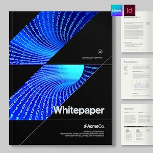 Peut inclure: Une couverture de livre blanc noire avec un graphique diagonal de flux de données numériques bleu, le texte VI TECHNOLOGY COMPANY, le mot Whitepaper, et le logo AcmeCo avec adresse et coordonnées, accompagné de trois aperçus de pages.