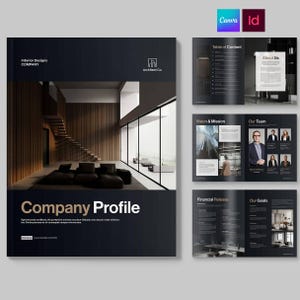 May include: A dark-themed company profile brochure featuring a modern interior design with a staircase and sofa on the cover. The layout includes pages for a table of contents, about us, vision, mission, team, financial release, and goals.