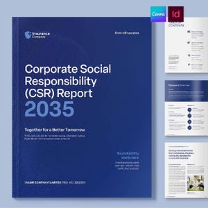 Pode incluir: Uma capa de relatório de responsabilidade social corporativa CSR 2035 azul-escura com texto branco, um logótipo de escudo e um padrão de pontos. O relatório inclui um índice, visão geral da empresa e secções de governação com texto e imagens.
