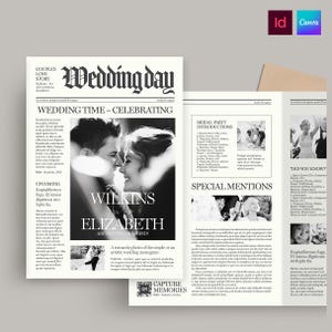 Pode incluir: Um modelo de programa de casamento estilo jornal em preto e branco intitulado Wedding Day. Apresenta uma grande fotografia central de um casal, colunas de texto fictício, seções para apresentações e um código QR.