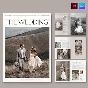 May include: A wedding magazine template featuring a cover with a couple in a field, titled THE WEDDING, #2035 Edition, Vol. 01, Jennifer & Dmitri, Saturday November 15, 2035. Includes interior pages with photo layouts, contents, and venue details.