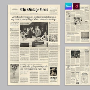 May include: A vintage-style newspaper template titled The Vintage News, featuring a beige background with black text, multiple columns, and various black-and-white photographs of people and scenes, designed with a classic layout and typography.