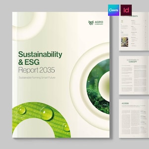 Puede incluir: Un informe de sostenibilidad y ESG 2035 para Agro Company. La portada presenta una hoja verde con gotas de agua, un recorte circular que revela un bosque y el texto Sustainability & ESG Report 2035 Sustainable Farming Smart Future.