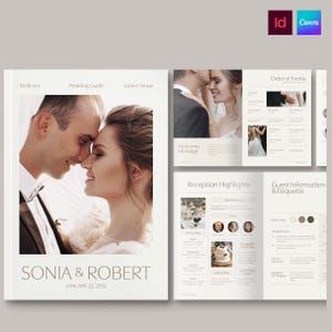 May include: A wedding guide brochure template featuring a cover with a photograph of a couple, the text SONIA & ROBERT, and JANUARY 23, 2032. The interior pages display an order of events, reception highlights, and guest information with text.
