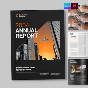 Op de afbeelding: Een zwart jaarverslag getiteld 2034 ANNUAL REPORT met een centrale afbeelding van een vliegtuig dat tussen wolkenkrabbers vliegt tegen een oranje zonsondergang. De omslag bevat de tekst Construction Company en Beyond construction toward the future.
