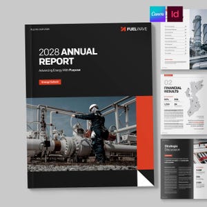 Puede incluir: Un informe anual 2028 titulado Fuelwave con una portada negra, texto en blanco, una barra de acento naranja y una fotografía de un trabajador con casco operando tuberías industriales. El informe incluye páginas interiores que muestran resultados financieros, mapas y secciones de discusión estratégica con gráficos y datos.