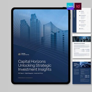 May include: A digital tablet displaying a blue-toned investment report titled Capital Horizons Unlocking Strategic Investment Insights, featuring a skyscraper graphic, alongside three smaller page previews showing text and charts.