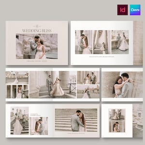 May include: A wedding photo album layout featuring multiple pages with soft-toned images of a couple in formal attire. The pages include the text "WEDDING BLISS," "SEALED WITH LOVE, FRAMED WITH JOY," and "A timeless love, beautifully captured," alongside various candid and posed wedding photographs.