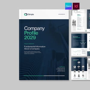 May include: A company profile document template featuring a dark blue cover with white and green text reading Company Profile 2029, Fundamental Information About a Company, and Simple. Includes interior pages showing a table of contents and charts.