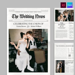 May include: A wedding newspaper template titled The Wedding News featuring a black and white photograph of a couple in formal attire eating pizza. The layout includes columns for text, a crossword puzzle, and placeholders for names and dates.
