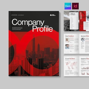 May include: A company profile brochure template featuring a black and red cover with a city skyline graphic and large white text. The layout includes interior pages showing a table of contents, client feedback, services, and statistical reports.