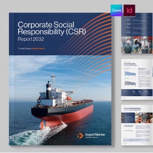 May include: A Corporate Social Responsibility (CSR) Report 2032 document featuring a large cargo ship on the ocean. The cover displays the title, the text Trusted Routes, Global Reach, and the Axport Marine logo against a blue and orange background.