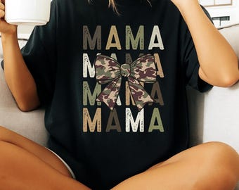 Camo Mama Coquette Bow Shirt, Hunting Mama T-Shirt, Camouflage Mother’s Day Gift, Trendy Outdoor Mom Apparel, Varsity Mom Tee