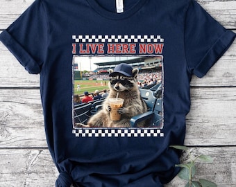 Raccoon I live Here Now Shirt,Funny Game Day Tee,Raccoon Baseball Tshirt,Softball Mom Tee,Ballpark Field Raccoon Shirt,Cute Baseball Fan Tee