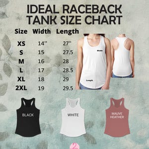 May include: A tank top size chart with measurements in inches. The chart lists sizes XS to 2XL, with corresponding widths from 14" to 19" and lengths from 27" to 29.5". Three tank tops are displayed: black, white, and mauve heather.