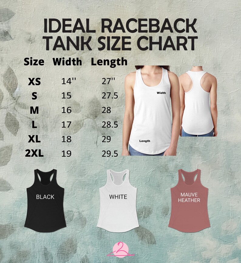 May include: A tank top size chart with measurements in inches. The chart lists sizes XS to 2XL, with corresponding widths from 14" to 19" and lengths from 27" to 29.5". Three tank tops are displayed: black, white, and mauve heather.