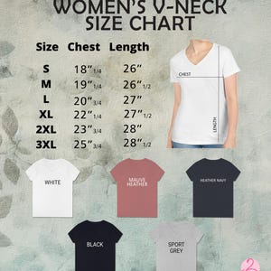 May include: A size chart for women's V-neck shirts, with measurements in inches for chest and length. The chart includes sizes S to 3XL, and examples of shirt colors: white, mauve heather, heather navy, black, and sport grey.