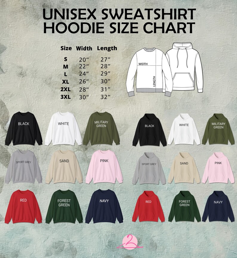 an image of an unisex sweatshirt hoodie size chart
