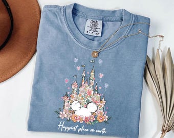 Comfort Colors® Happiest Place On Earth Shirt,Disney Magical Castle Floral Shirt,Magic Kingdom Shirt,Disney World Shirt,Matching Disney Tee
