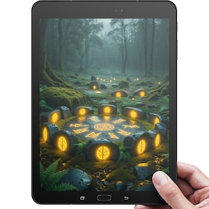 May include: A black tablet displays a digital art scene of a forest with glowing stones and a circular stone arrangement. The artwork features a mystical, fantasy theme with a detailed landscape and soft lighting.