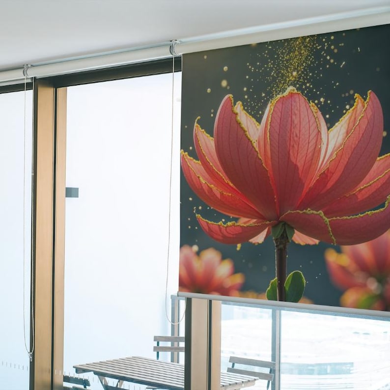 May include: A large, close-up image of a vibrant red flower with yellow-edged petals. The flower is set against a dark background with golden sparkles, creating a dramatic contrast. The image is part of a window covering, adding a touch of nature to the interior.