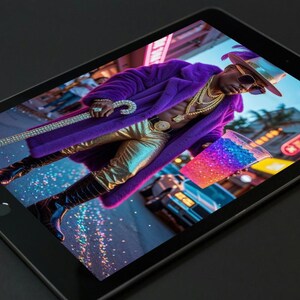 May include: A person wearing a purple faux fur coat, gold pants, and black boots, holding a bedazzled cane and a colorful drink. The person is also wearing gold jewelry and sunglasses. The background shows a city street.