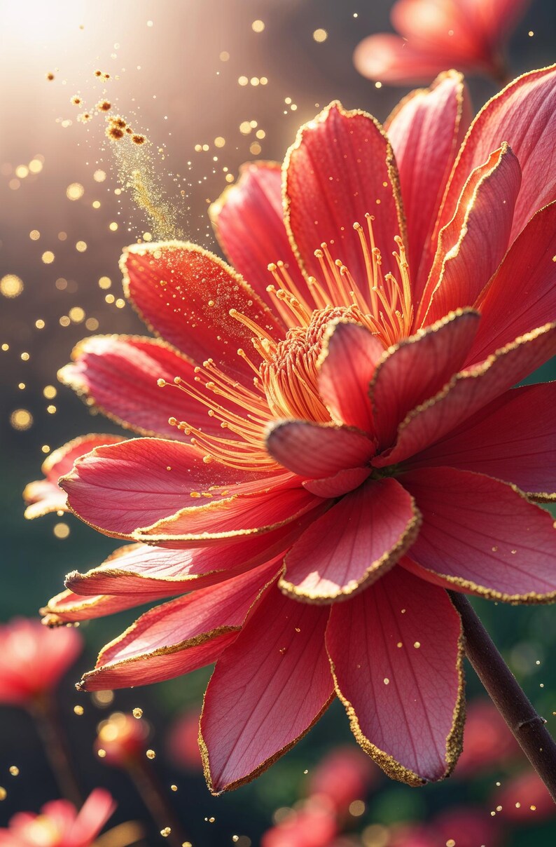 May include: Close-up of a vibrant red flower with gold-trimmed petals. The flower's center features delicate yellow stamens. Sparkling gold particles float around the flower, creating a magical effect. The image is set against a blurred green background.