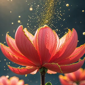 May include: A close-up of a vibrant red flower with delicate petals and a golden edge. The flower is in full bloom, with a dark background and golden particles floating around it. The image captures the beauty of nature.