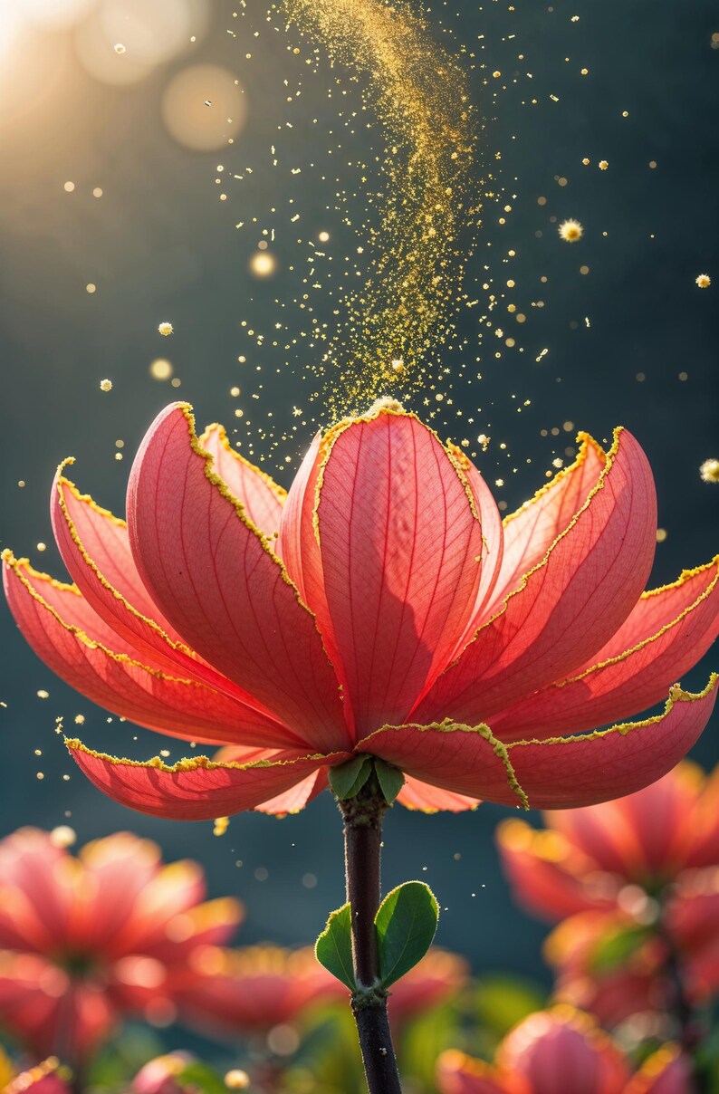 May include: A close-up of a vibrant red flower with delicate petals and a golden edge. The flower is in full bloom, with a dark background and golden particles floating around it. The image captures the beauty of nature.