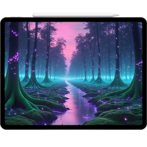 May include: A black tablet displaying a digital art scene of a forest with a river. The forest has tall trees with green roots and purple glowing lights. A white stylus rests on the top edge of the tablet.