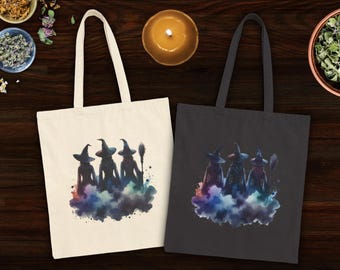 Bolsa de lona de algodão com estampa de bruxas místicas, bolsa de bruxa de Halloween, bolsa de lona para a temporada assustadora, bolsa reutilizável de outono com estampa de bruxas, bolsa trio de bruxas