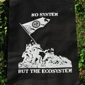 Puede incluir: Parche negro con texto y gráfico blancos. El texto dice "NO SYSTEM BUT THE ECOSYSTEM". El gráfico es una imagen estilizada de un grupo de personas izando una bandera con un círculo y un símbolo triangular.