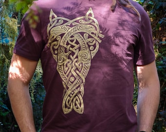 Coppergate beasts ~ Gold on Red Brown t-shirt ~ Organic Fair Wear certified Anglo-Saxon tee