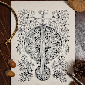 La Tène ~ Stampa d'arte tirata a mano su carta di cotone ad acquerello a grana grossa prodotta in Italia. Arte celtica di Giulia Nasini.
