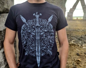 Claíomh a' Dealbhtha ~ Celtic Sword T-Shirt ~ Organic Fair Wear Certified, Knotwork Design