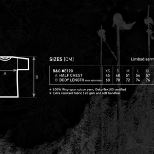 May include: A size chart for a t-shirt with measurements in centimeters. The chart shows the half chest and body length measurements for sizes XS to 3XL. The text on the chart reads "B&C #E190", "Half Chest", "Body Length", and "From Neck Point". The text at the bottom of the chart reads "100% Ring-spun cotton yarn, Oeko-Tex100 certified" and "Extra resistant fabric 190 gsm and soft handfeel".