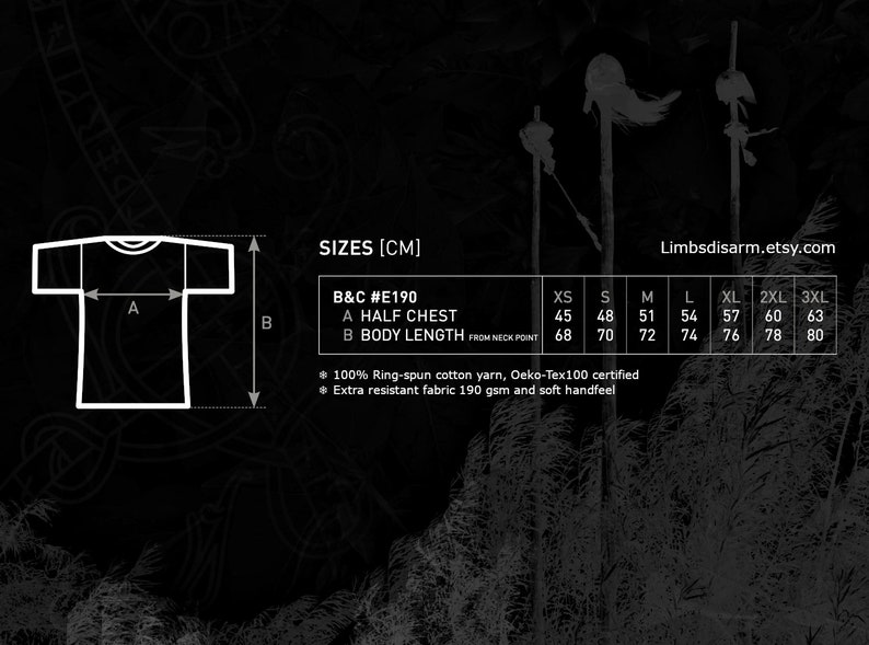 May include: A size chart for a t-shirt with measurements in centimeters. The chart shows the half chest and body length measurements for sizes XS to 3XL. The text on the chart reads "B&C #E190", "Half Chest", "Body Length", and "From Neck Point". The text at the bottom of the chart reads "100% Ring-spun cotton yarn, Oeko-Tex100 certified" and "Extra resistant fabric 190 gsm and soft handfeel".