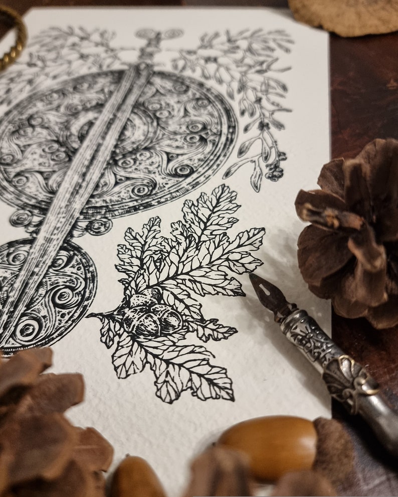 May include: A black and white ink drawing of a sword and shield with a leafy branch and acorns. The drawing is on a white background and is surrounded by brown pine cones and a quill pen.