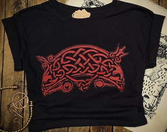 READY TO SHIP ~ Organic Crop Top ~ Rosemarkie crescent and v-rod (Pictish symbol/t-shirt/clothes/art/Celtic art/Scotland)
