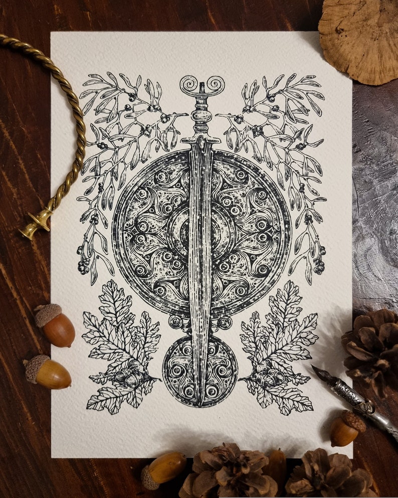 May include: A black and white ink drawing of a sword and shield with intricate details. The sword is surrounded by branches of mistletoe and oak leaves.