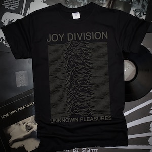 May include: Black t-shirt with a graphic print of the Joy Division album cover "Unknown Pleasures". The graphic is a black and white image of a series of lines that form a mountain range.