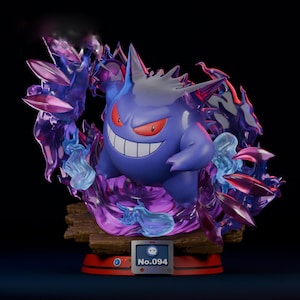 May include: A purple Gengar figurine with a wide grin and red eyes, encircled by translucent purple and blue energy effects. The figure is mounted on a brown base with a red and black circular stand. The number "No.094" is displayed on a small screen.