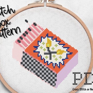 May include: A cross stitch pattern of a matchbox with a geometric design in shades of pink, orange, black, white, and purple. The text "PDF Cross Stitch or Needlepoint" is visible below the matchbox.