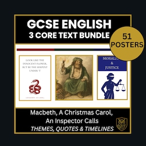 Może przedstawiać: Zestaw 51 plakatów do GCSE English, zawierający trzy główne teksty: Makbet, Opowieść wigilijna i Wizyta inspektora. Plakaty zawierają cytaty, tematy i osie czasu, z ilustracjami i tekstem na czarnym tle.