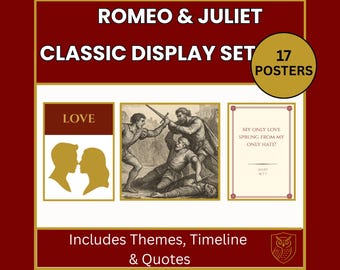 Romeo and Juliet full display pack, GCSE English Literature classroom posters set themes quotes and timeline, printable secondary resource