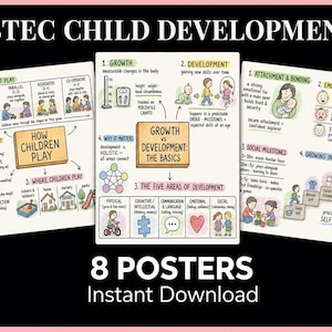 May include: Three educational posters titled BTEC CHILD DEVELOPMENT, 8 POSTERS Instant Download. The charts feature hand-drawn illustrations and text explaining stages of play, growth versus development, and emotional, social, and physical milestones.