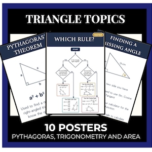 Puede incluir: Un conjunto de 10 carteles educativos sobre temas de triángulos, incluyendo el teorema de Pitágoras, trigonometría y área. Los carteles presentan diagramas, fórmulas y el texto "TRIANGLE TOPICS". Los carteles están sobre un fondo negro con un borde azul.