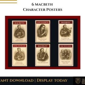 Op de afbeelding: Zes Macbeth-personageposters worden weergegeven in een rood omrand kader. Elke poster bevat een sepia-illustratie van een personage met zijn naam en een citaat uit het stuk. De tekst "INSTANT DOWNLOAD | DISPLAY TODAY" staat onderaan.