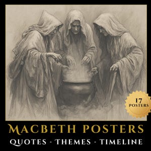 Könnte beinhalten: Eine sepiafarbene Illustration von drei Figuren in Kapuzenroben, die sich um einen Kessel versammeln. Das Bild trägt die Aufschrift "Macbeth Posters" mit den Worten "Quotes, Themes, Timeline" darunter. Ein goldener Stern weist auf "17 Posters" hin.